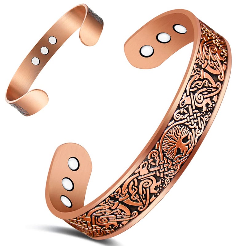 Cigmag 9X Mens Copper Bracelet Ultra Strength Magnet 99% Solid Pure Copper Magnetic Bracelets for men Adjustable Cuff Bangles with Present Box (Tree of Life Raven)